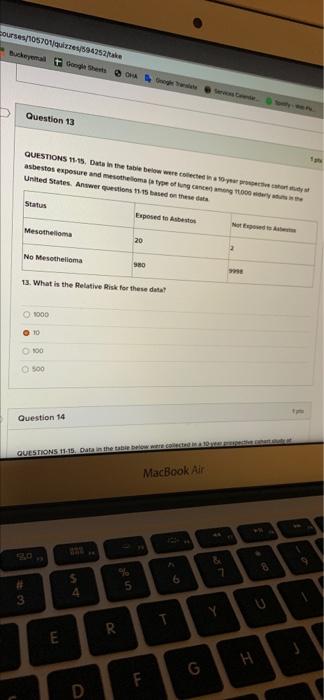 Courses 105701 Res 894252 Make Hucky To Het Question 13 Questions 11 15 Dat In The Table Below Were Collected In Asbest 1