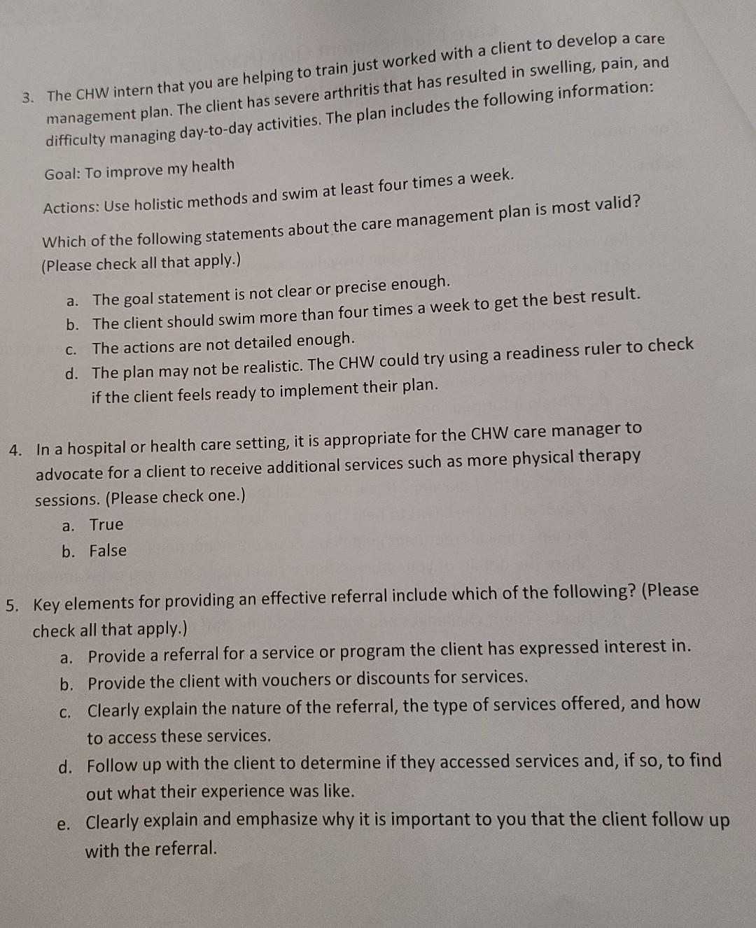 Care Management Quiz Handout 4 Worth 10 Points Your Name Date 1 Key Responsibilities Of Chws When Providing Care M 2