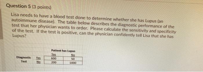 Question 5 3 Points Lisa Needs To Have A Blood Test Done To Determine Whether She Has Lupus An Autoimmune Disease T 1