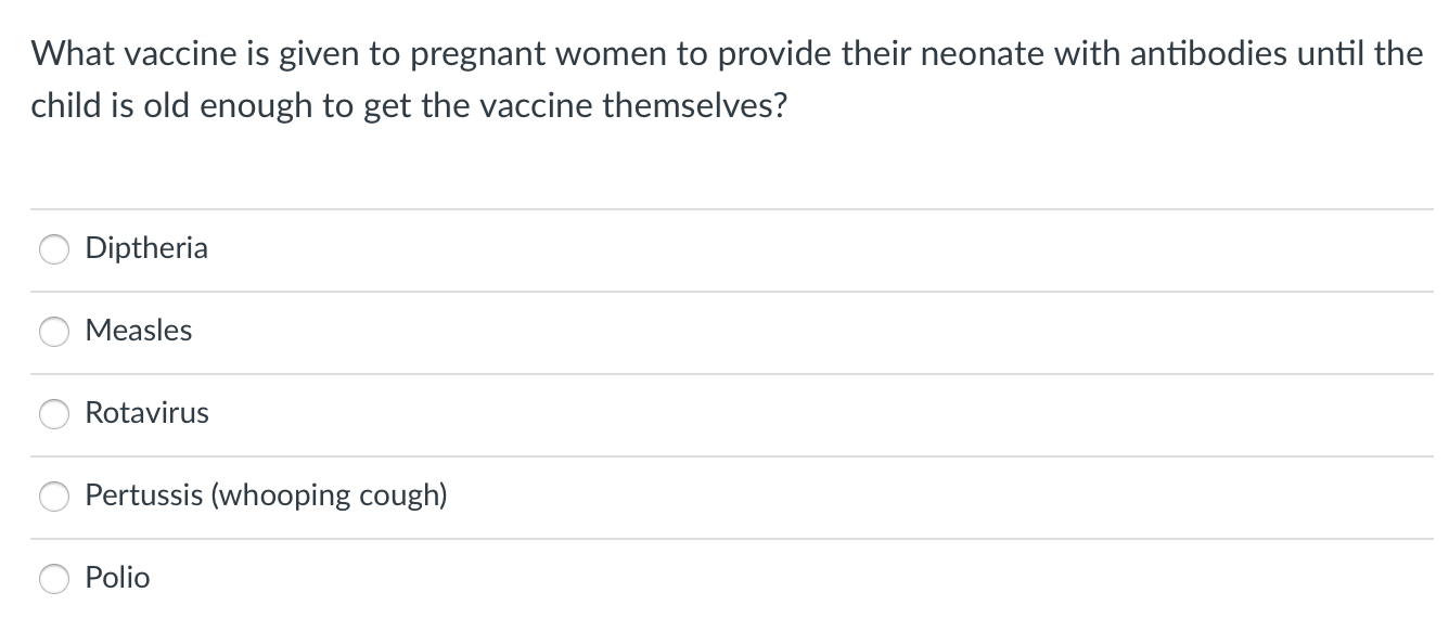 What Vaccine Is Given To Pregnant Women To Provide Their Neonate With Antibodies Until The Child Is Old Enough To Get Th 1