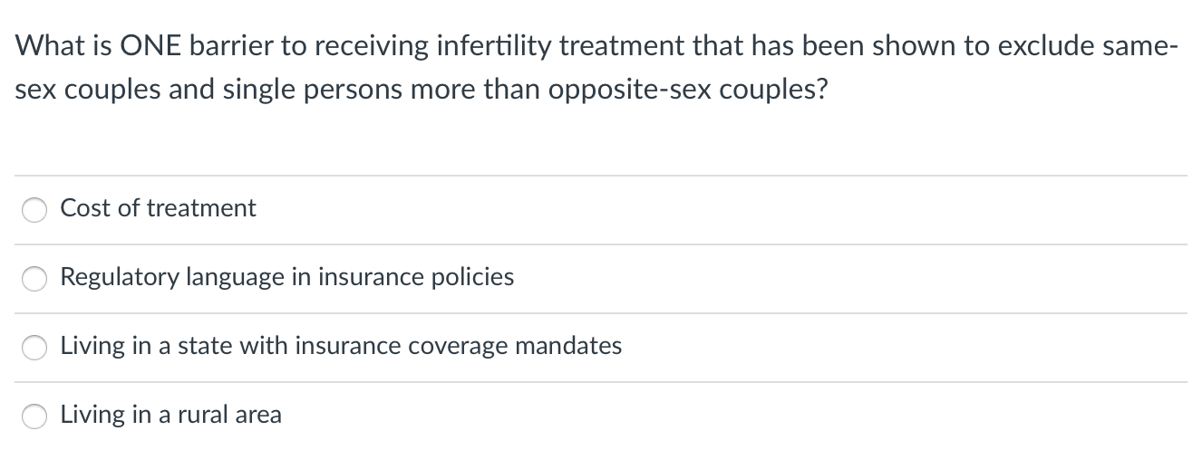 What Is One Barrier To Receiving Infertility Treatment That Has Been Shown To Exclude Same Sex Couples And Single Perso 1