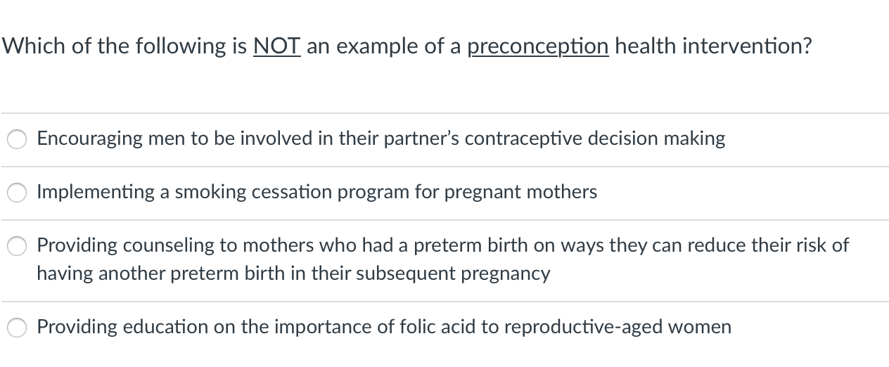Which Of The Following Is Not An Example Of A Preconception Health Intervention Encouraging Men To Be Involved Their Pa 1