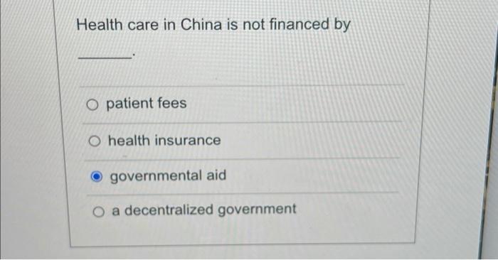 Health Care In China Is Not Financed By O Patient Fees O Health Insurance O Governmental Aid O A Decentralized Governmen 1