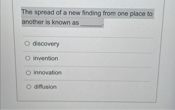 The Spread Of A New Finding From One Place To Another Is Known As O Discovery O Invention O Innovation O Diffusion Whi 1