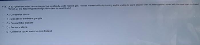 140 A 33 Year Old Man Has A Staggering Unde Betearted Which Of The Following Neurologie Disorders Is Most A Cerebellar 1