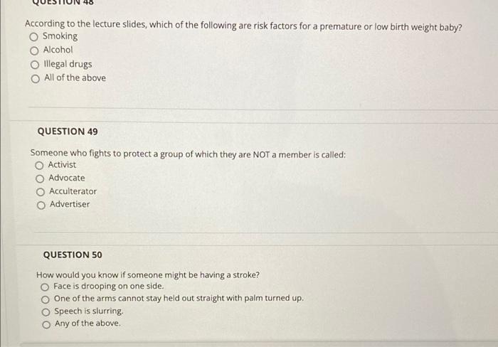According To The Lecture Slides Which Of The Following Are Risk Factors For A Premature Or Low Birth Weight Baby Smoki 1