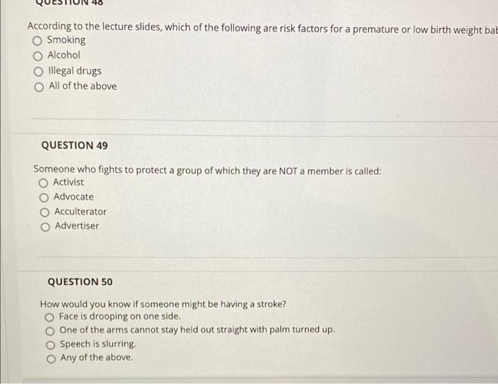 According To The Lecture Slides Which Of The Following Are Risk Factors For A Premature Or Low Birth Weight Bat Smoking 1