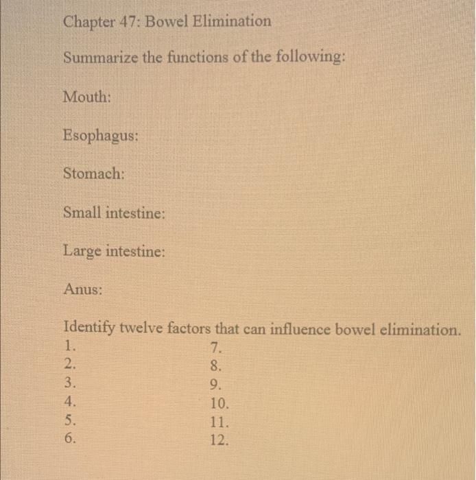 Chapter 47 Bowel Elimination Summarize The Functions Of The Following Mouth Esophagus Stomach Small Intestine Larg 1