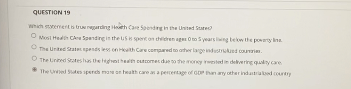 Question 19 Which Statement Is True Regarding Health Care Spending In The United States Most Health Care Spending In Th 1
