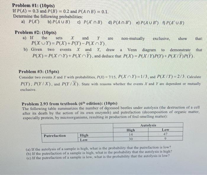 Problem 1 10pts If P A 0 3 And P B 0 2 And P Ab 0 1 Determine The Following Probabilities A Pca B P A 1