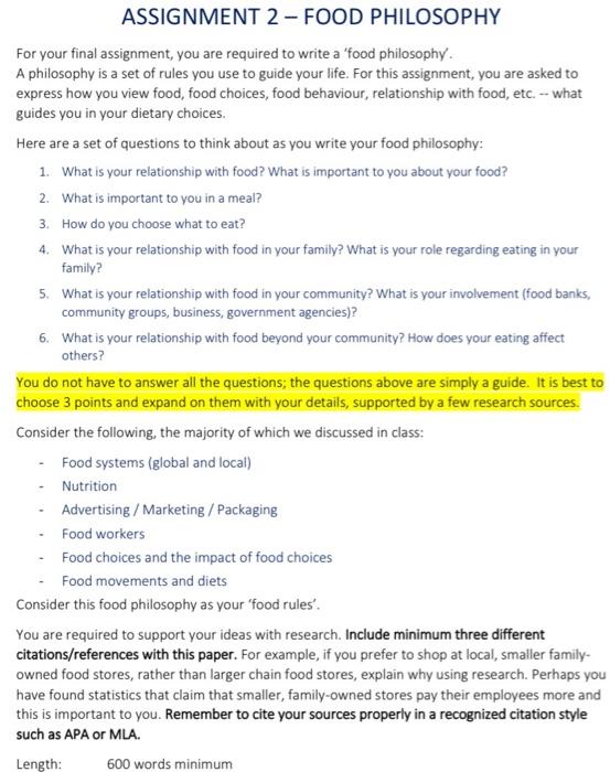 Assignment 2 Food Philosophy For Your Final Assignment You Are Required To Write A Food Philosophy A Philosophy Is 1