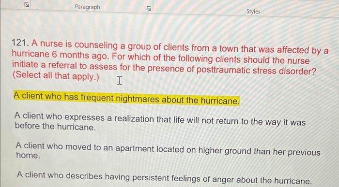 Paragraph 5 Styles 121 A Nurse Is Counseling A Group Of Clients From A Town That Was Affected By A Hurricane 6 Months A 1