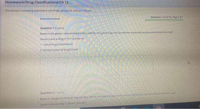 Homework Drug Classifications Ch 12 This Test Quizaccepting Submissions Until Friday January 14 2022 At 11 59 Pm Quest 1
