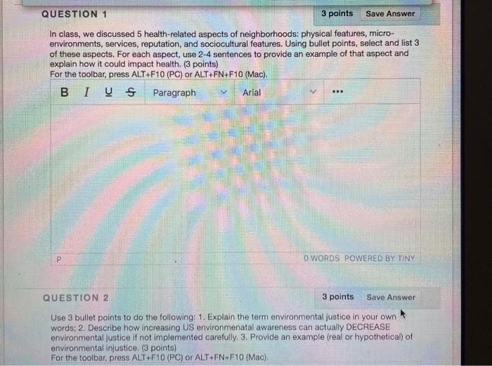 Question 1 3 Points Save Answer In Class We Discussed 5 Health Related Aspects Of Neighborhoods Physical Features Mic 1