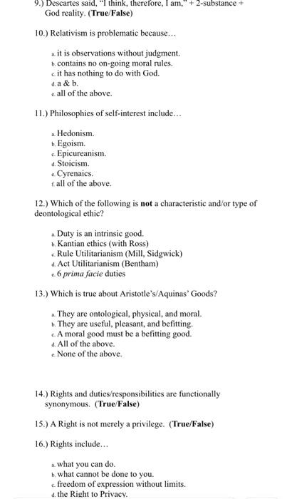 9 Descartes Said I Think Therefore I Am 2 Substance God Reality True False 10 Relativism Is Problematic 1