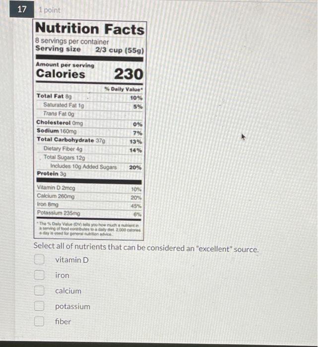 17 1 1 Point Nutrition Facts 8 Servings Per Container Serving Size 2 3 Cup 559 Amount Per Serving Calories 230 Daily 1