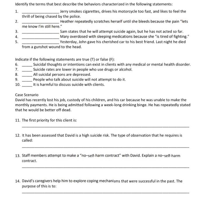 Identify The Terms That Best Describe The Behaviors Characterized In The Following Statements 1 Jerry Smokes Cigarette 1