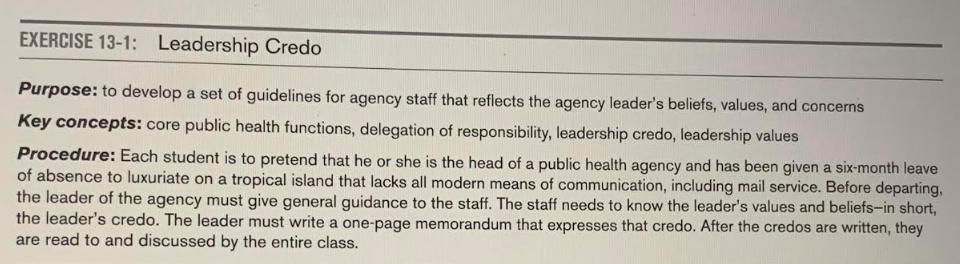 Exercise 13 1 Leadership Credo Purpose To Develop A Set Of Guidelines For Agency Staff That Reflects The Agency Leader 1