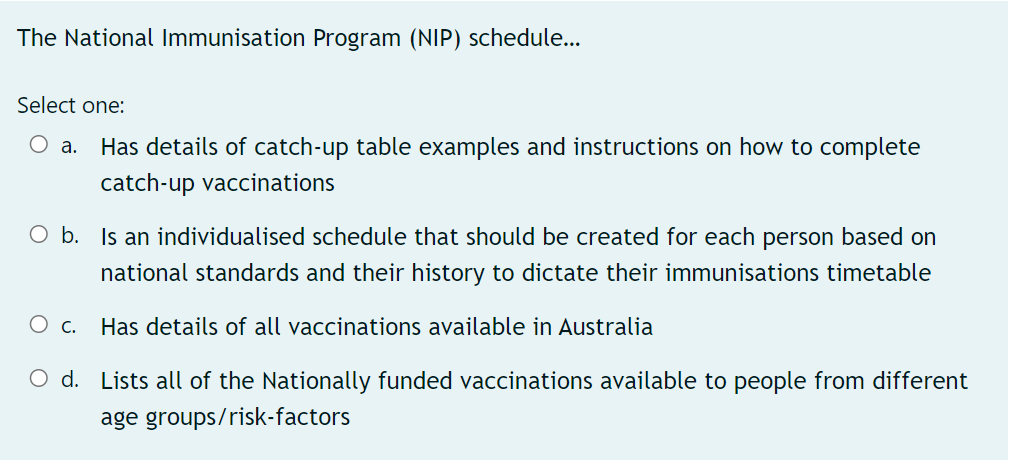 The National Immunisation Program Nip Schedule Select One O A Has Details Of Catch Up Table Examples And Instruct 1