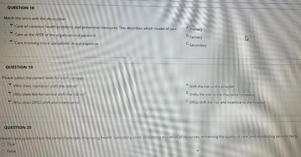 Question 18 Match The Term With The Description Care Of Common Health Problems And Preventive Measures This Describes W 1