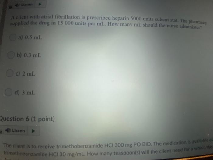 Question Point Listen The Physician Has Ordered Milrinone 0 8 Mg Single Dose Subcutaneous Tid For 2 Days The Medicati 2