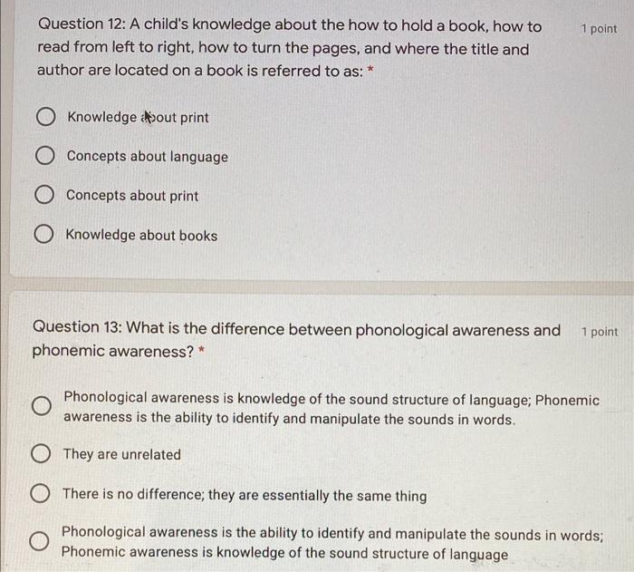1 Point Question 12 A Child S Knowledge About The How To Hold A Book How To Read From Left To Right How To Turn The P 1