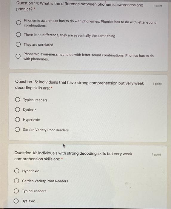 Question 14 What Is The Difference Between Phonemic Awareness And Phonics 1 Point Phonemic Awareness Has To Do With Ph 1