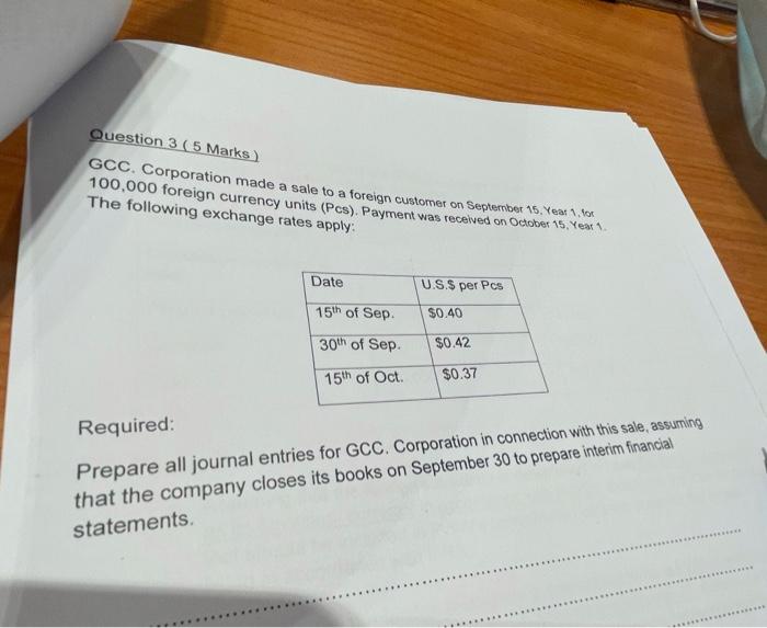 D Question 3 5 Marks Gcc Corporation Made A Sale To A Foreign Customer On September 15 Men Som 100 000 Foreign Curre 1