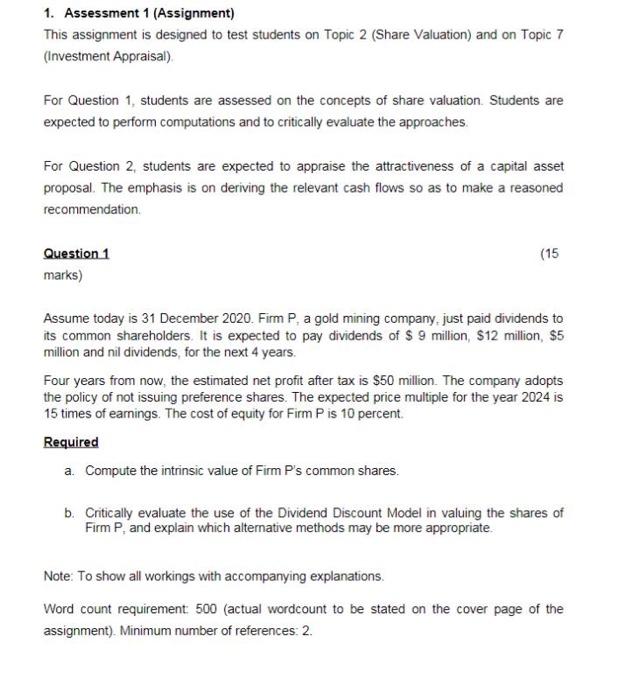 1 Assessment 1 Assignment This Assignment Is Designed To Test Students On Topic 2 Share Valuation And On Topic 7 I 1