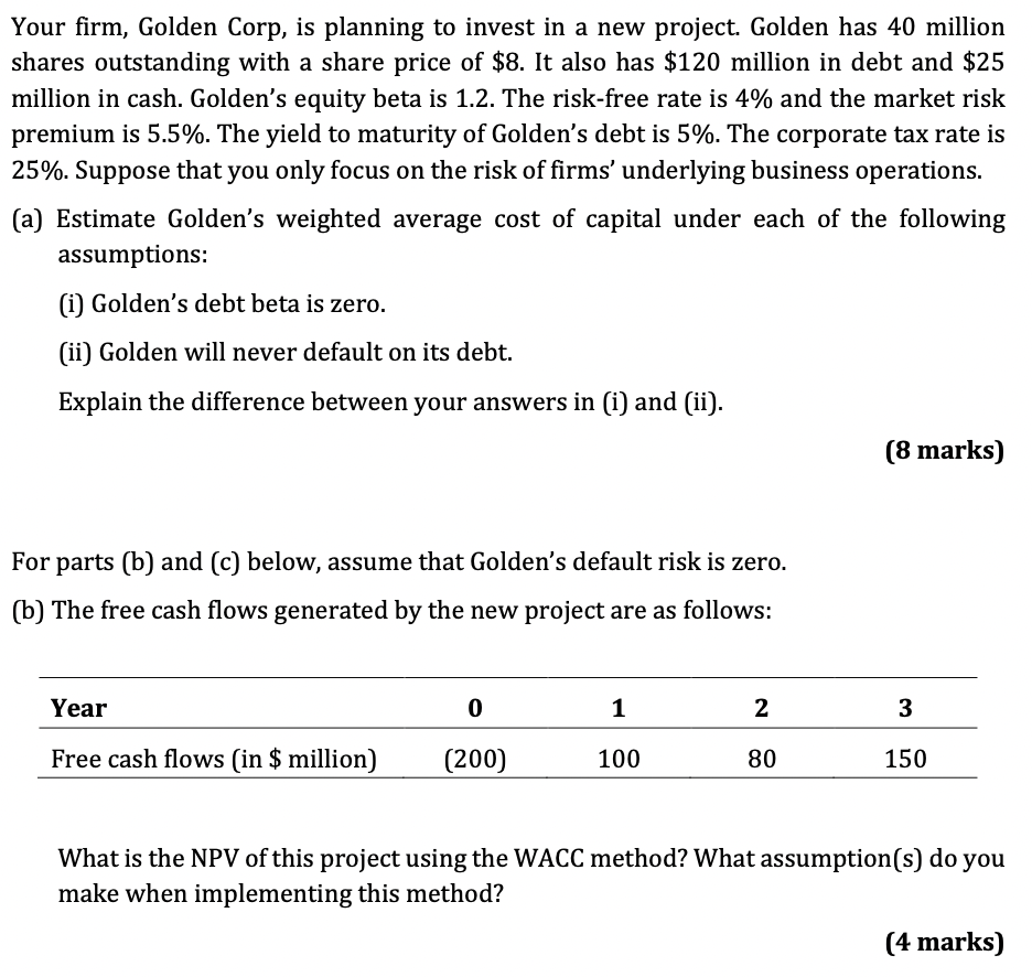 Your Firm Golden Corp Is Planning To Invest In A New Project Golden Has 40 Million Shares Outstanding With A Share Pr 1