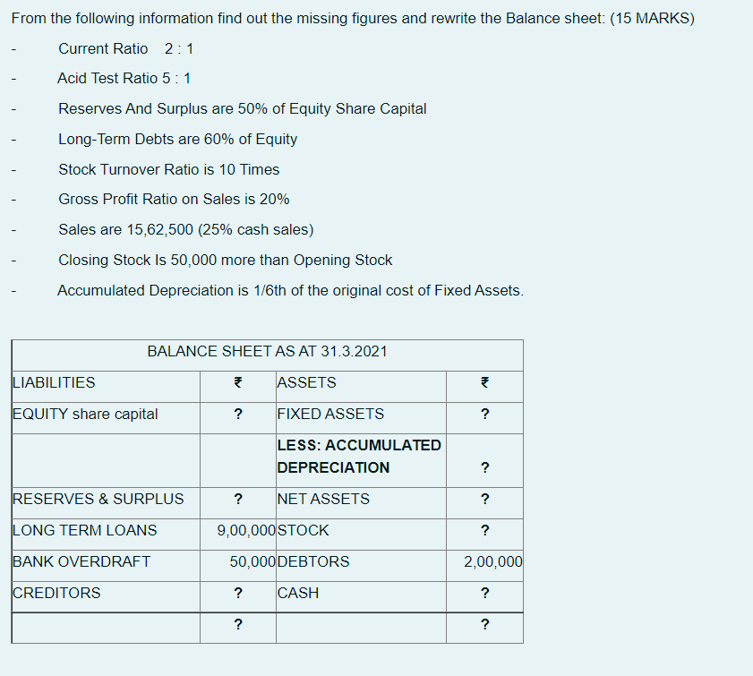 From The Following Information Find Out The Missing Figures And Rewrite The Balance Sheet 15 Marks Current Ratio 2 1 1
