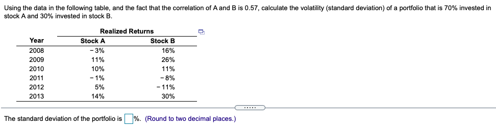 Using The Data In The Following Table And The Fact That The Correlation Of A And B Is 0 57 Calculate The Volatility S 1