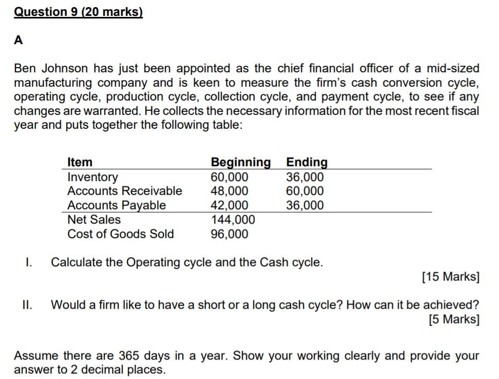 Question 9 20 Marks A Ben Johnson Has Just Been Appointed As The Chief Financial Officer Of A Mid Sized Manufacturing 1