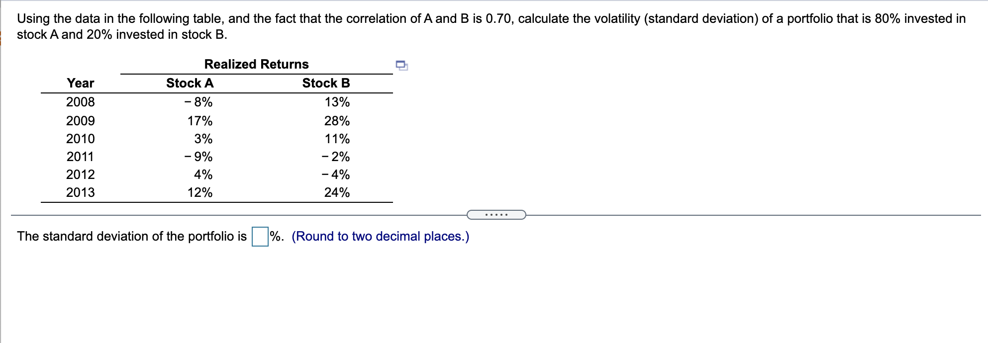 Using The Data In The Following Table And The Fact That The Correlation Of A And B Is 0 70 Calculate The Volatility S 1