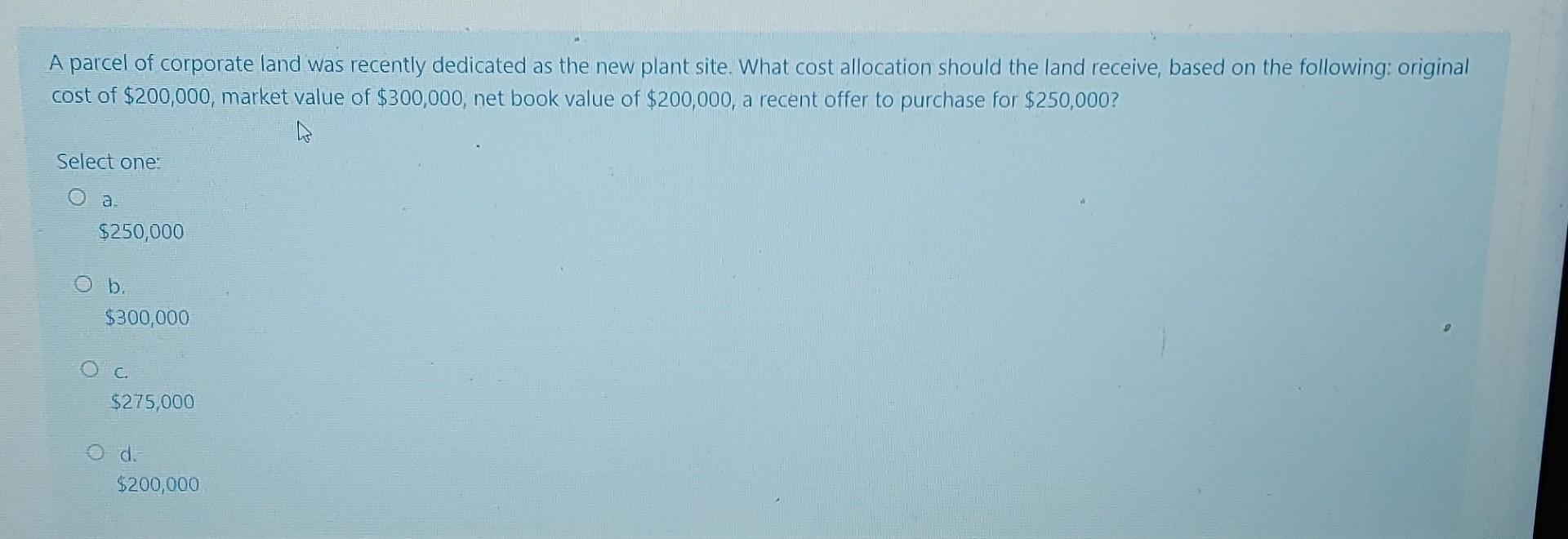 A Parcel Of Corporate Land Was Recently Dedicated As The New Plant Site What Cost Allocation Should The Land Receive B 1