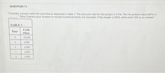 Question 11 Consider A Project With The Cash Flow As Depicted In Table 1 The Discount Rate For This Project Is 9 5 T 1