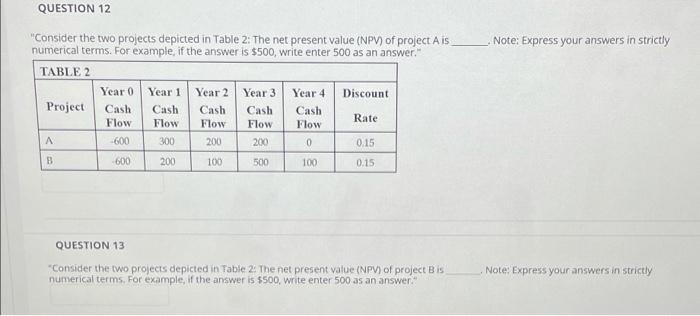 Question 12 Note Express Your Answers In Strictly Consider The Two Projects Depicted In Table 2 The Net Present Value 1