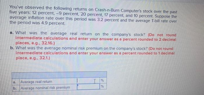 You Ve Observed The Following Returns On Crash N Burn Computer S Stock Over The Past Five Years 12 Percent 9 Percent 1