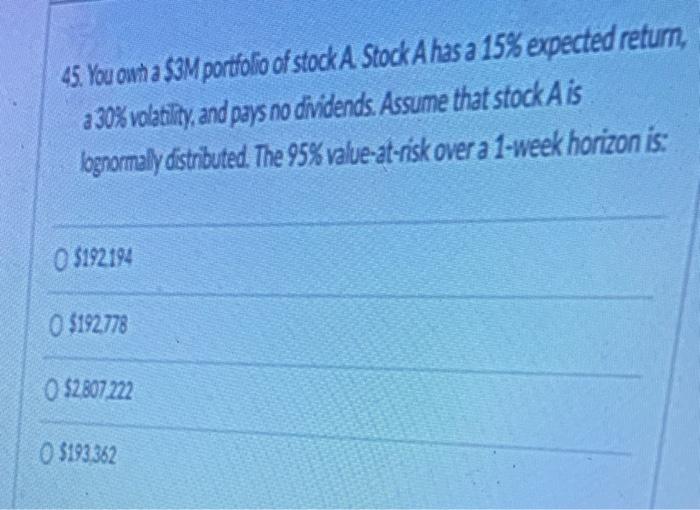 45 You Own A 3m Portfolio Of Stock A Stock A Has A 15 Expected Return A 30 Volatility And Pays No Dividends Assu 1