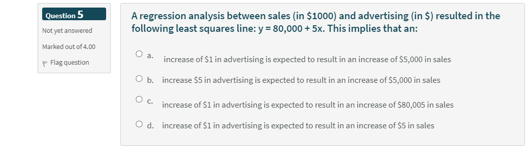 Question 5 A Regression Analysis Between Sales In 1000 And Advertising In Resulted In The Following Least Squares 1