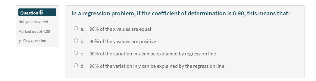 Question 6 In A Regression Problem If The Coefficient Of Determination Is 0 90 This Means That Not Yet Answered O A 1