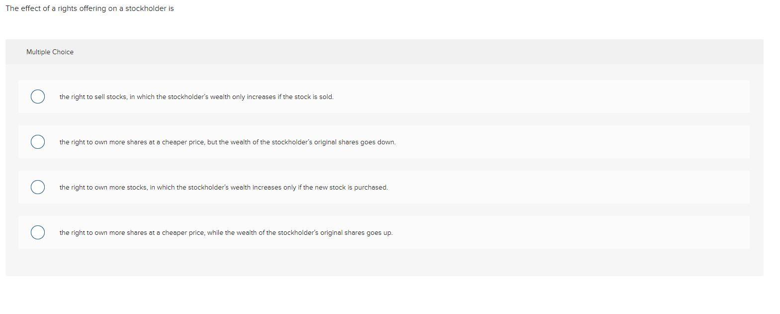 The Effect Of A Rights Offering On A Stockholder Is Multiple Choice The Right To Sell Stocks In Which The Stockholder S 1
