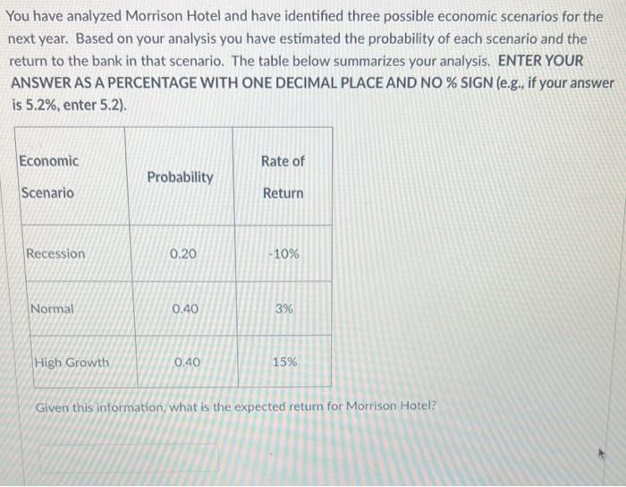 You Have Analyzed Morrison Hotel And Have Identified Three Possible Economic Scenarios For The Next Year Based On Your 1