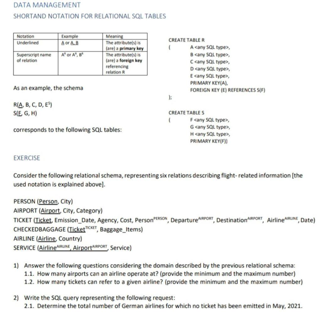 Data Management Shortand Notation For Relational Sql Tables Notation Meaning Example A Or A B Underlined Superscript Na 1