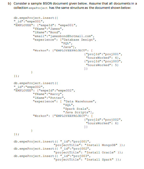 B consider a sample bson document given below assume that all documents in a collection 