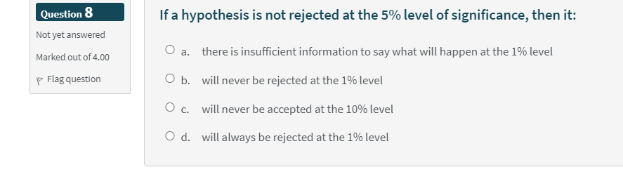 Question 8 Not Yet Answered If A Hypothesis Is Not Rejected At The 5 Level Of Significance Then It O A There Is Insu 1