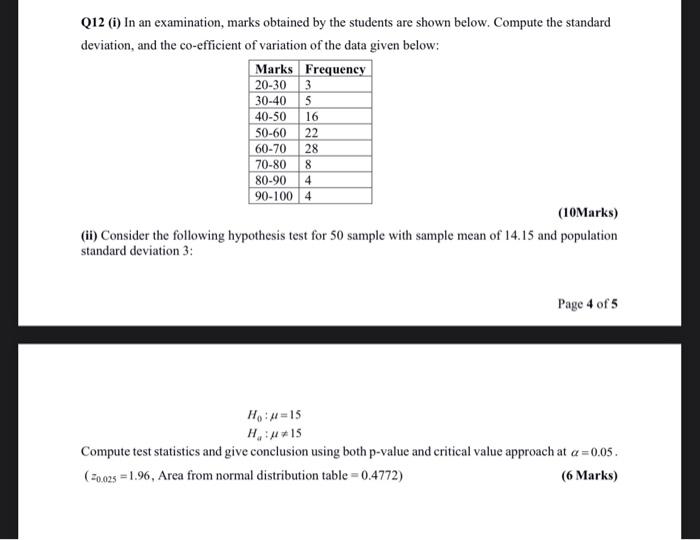 3 5 16 Q12 1 In An Examination Marks Obtained By The Students Are Shown Below Compute The Standard Deviation And Th 1