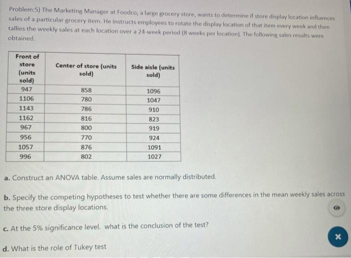 Problem 5 The Marketing Manager At Foodco A Large Grocery Store Wants To Determine If Store Display Location Influenc 1