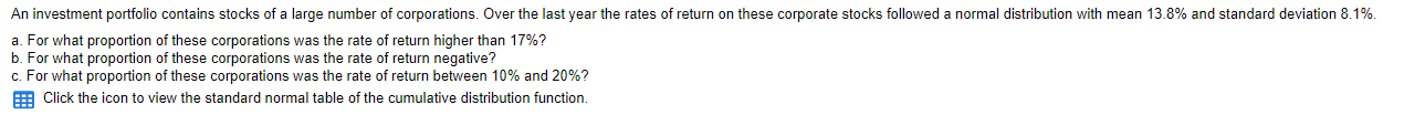 An Investment Portfolio Contains Stocks Of A Large Number Of Corporations Over The Last Year The Rates Of Return On The 1