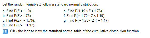 Let The Random Variable Z Follow A Standard Normal Distribution A Find P Z 1 19 E Find P 1 19 Z 1 73 B Find P Z 1